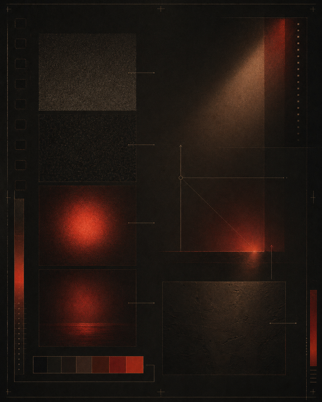 Film-grain study — five swatches with a single red light vignette